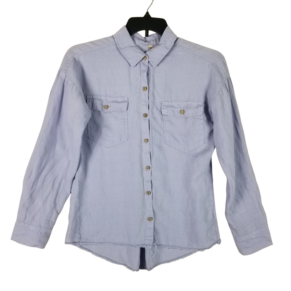 XCVI Linen Button Down Shirt Womens XS Periwinkle Blue Frayed Hem 14024